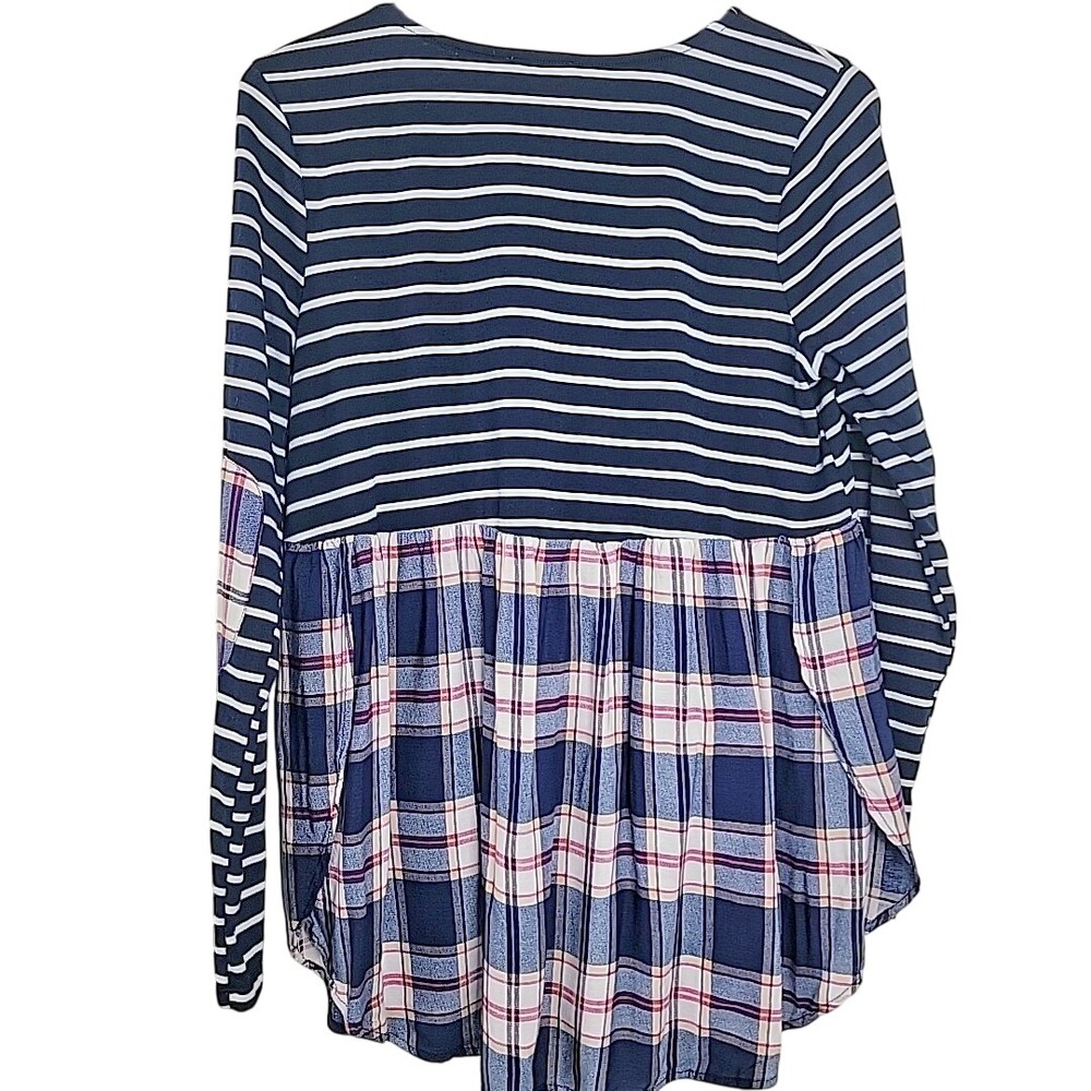 Umgee Womens Babydoll Top Medium Oversized Striped Plaid Elbow Patch Navy - Picture 4 of 6